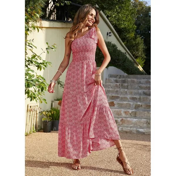 imagePRETTYGARDEN Womens Floral Maxi Dress 2023 Knot One Shoulder Sleeveless Ruffle Hem Flowy Boho DressesRedWhite