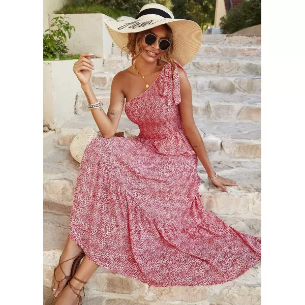 imagePRETTYGARDEN Womens Floral Maxi Dress 2023 Knot One Shoulder Sleeveless Ruffle Hem Flowy Boho DressesRedWhite
