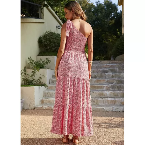 imagePRETTYGARDEN Womens Floral Maxi Dress 2023 Knot One Shoulder Sleeveless Ruffle Hem Flowy Boho DressesRedWhite