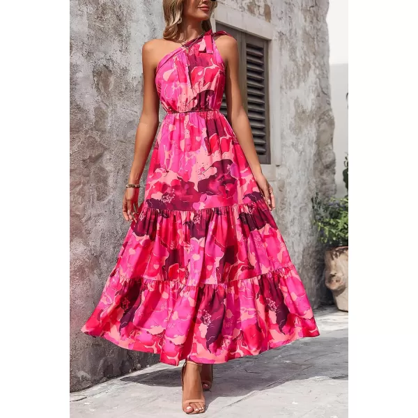 imagePRETTYGARDEN Womens Floral Maxi Dress 2023 Knot One Shoulder Sleeveless Ruffle Hem Flowy Boho DressesRose Red Big Floral