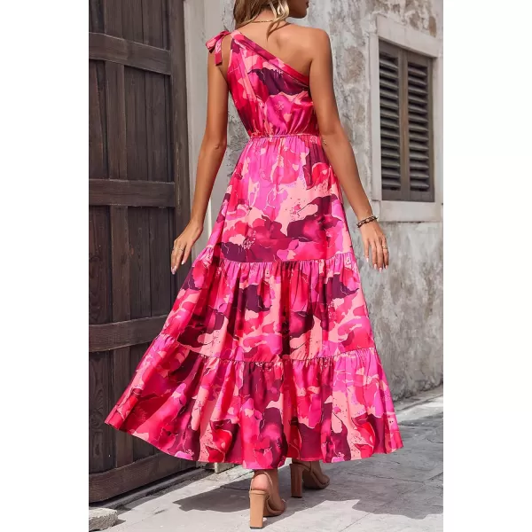 imagePRETTYGARDEN Womens Floral Maxi Dress 2023 Knot One Shoulder Sleeveless Ruffle Hem Flowy Boho DressesRose Red Big Floral