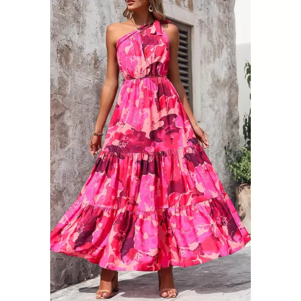 imagePRETTYGARDEN Womens Floral Maxi Dress 2023 Knot One Shoulder Sleeveless Ruffle Hem Flowy Boho DressesRose Red Big Floral