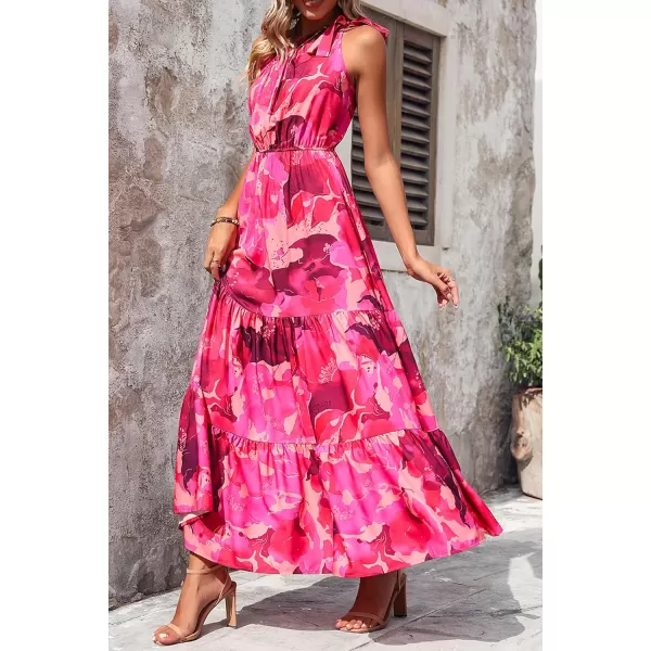 imagePRETTYGARDEN Womens Floral Maxi Dress 2023 Knot One Shoulder Sleeveless Ruffle Hem Flowy Boho DressesRose Red Big Floral