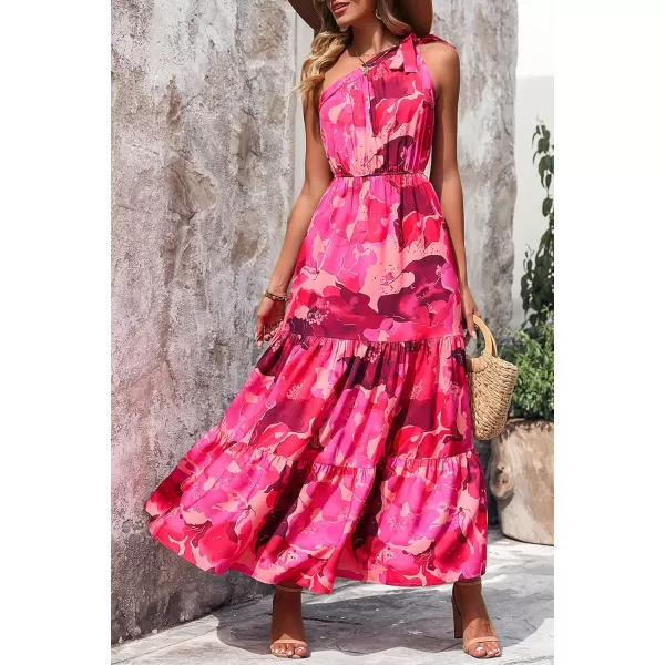 imagePRETTYGARDEN Womens Floral Maxi Dress 2023 Knot One Shoulder Sleeveless Ruffle Hem Flowy Boho DressesRose Red Big Floral