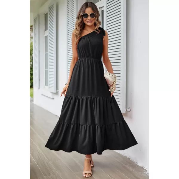 imagePRETTYGARDEN Womens Floral Maxi Dress 2023 Knot One Shoulder Sleeveless Ruffle Hem Flowy Boho DressesSolid Black