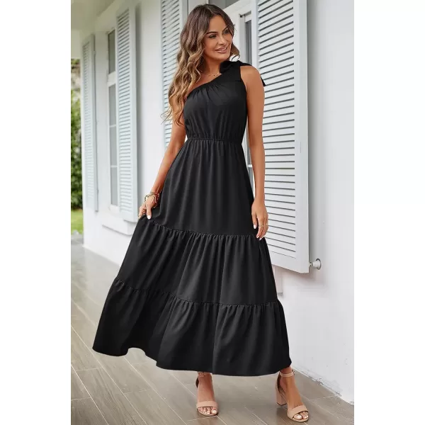 imagePRETTYGARDEN Womens Floral Maxi Dress 2023 Knot One Shoulder Sleeveless Ruffle Hem Flowy Boho DressesSolid Black
