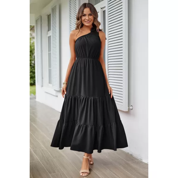 imagePRETTYGARDEN Womens Floral Maxi Dress 2023 Knot One Shoulder Sleeveless Ruffle Hem Flowy Boho DressesSolid Black