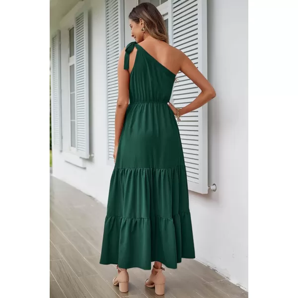 imagePRETTYGARDEN Womens Floral Maxi Dress 2023 Knot One Shoulder Sleeveless Ruffle Hem Flowy Boho DressesSolid Dark Green