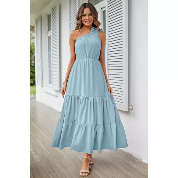 imagePRETTYGARDEN Womens Floral Maxi Dress 2023 Knot One Shoulder Sleeveless Ruffle Hem Flowy Boho DressesSolid Light Blue