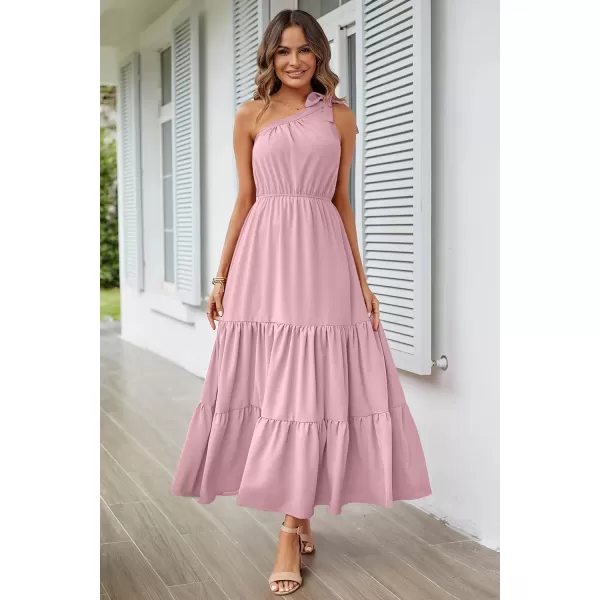 imagePRETTYGARDEN Womens Floral Maxi Dress 2023 Knot One Shoulder Sleeveless Ruffle Hem Flowy Boho DressesSolid Pink