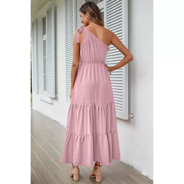 imagePRETTYGARDEN Womens Floral Maxi Dress 2023 Knot One Shoulder Sleeveless Ruffle Hem Flowy Boho DressesSolid Pink