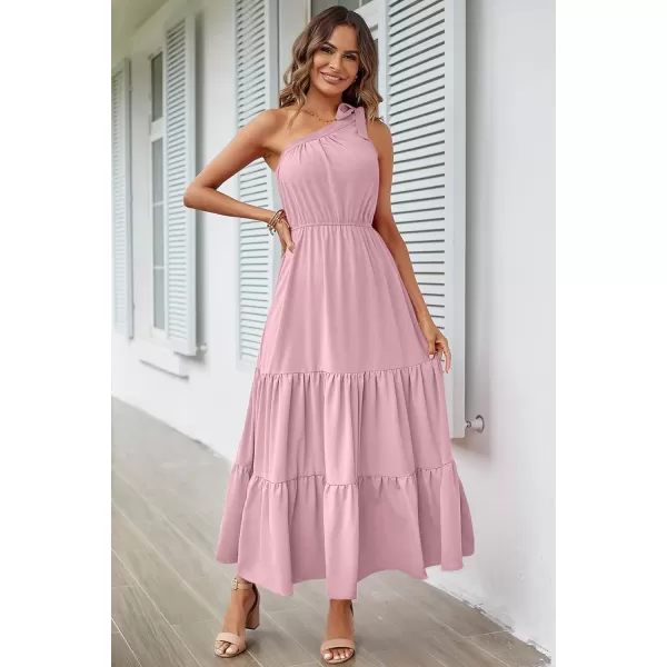 imagePRETTYGARDEN Womens Floral Maxi Dress 2023 Knot One Shoulder Sleeveless Ruffle Hem Flowy Boho DressesSolid Pink