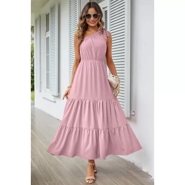 imagePRETTYGARDEN Womens Floral Maxi Dress 2023 Knot One Shoulder Sleeveless Ruffle Hem Flowy Boho DressesSolid Pink