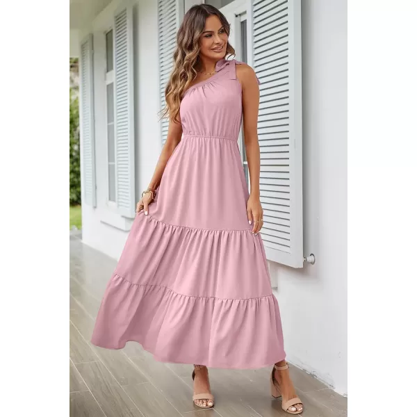 imagePRETTYGARDEN Womens Floral Maxi Dress 2023 Knot One Shoulder Sleeveless Ruffle Hem Flowy Boho DressesSolid Pink