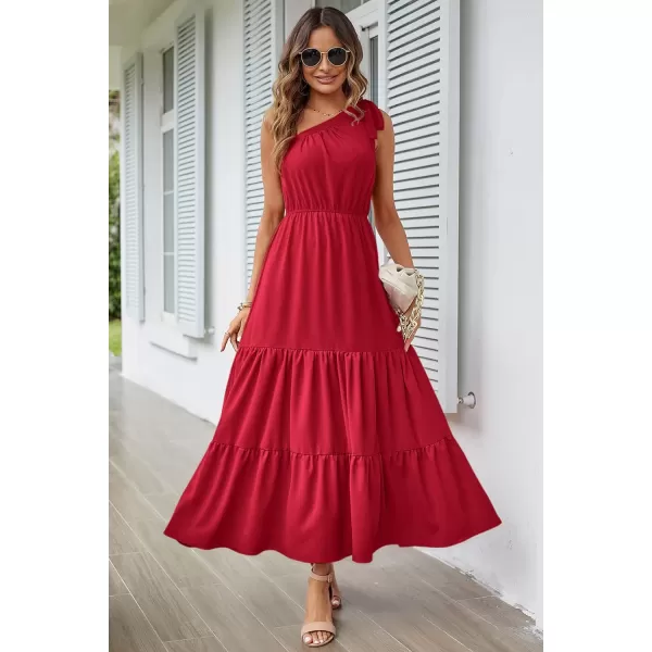 imagePRETTYGARDEN Womens Floral Maxi Dress 2023 Knot One Shoulder Sleeveless Ruffle Hem Flowy Boho DressesSolid Red