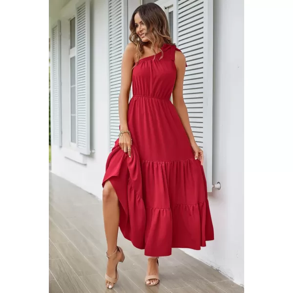 imagePRETTYGARDEN Womens Floral Maxi Dress 2023 Knot One Shoulder Sleeveless Ruffle Hem Flowy Boho DressesSolid Red