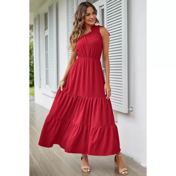 imagePRETTYGARDEN Womens Floral Maxi Dress 2023 Knot One Shoulder Sleeveless Ruffle Hem Flowy Boho DressesSolid Red