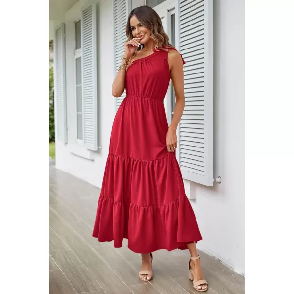 imagePRETTYGARDEN Womens Floral Maxi Dress 2023 Knot One Shoulder Sleeveless Ruffle Hem Flowy Boho DressesSolid Red