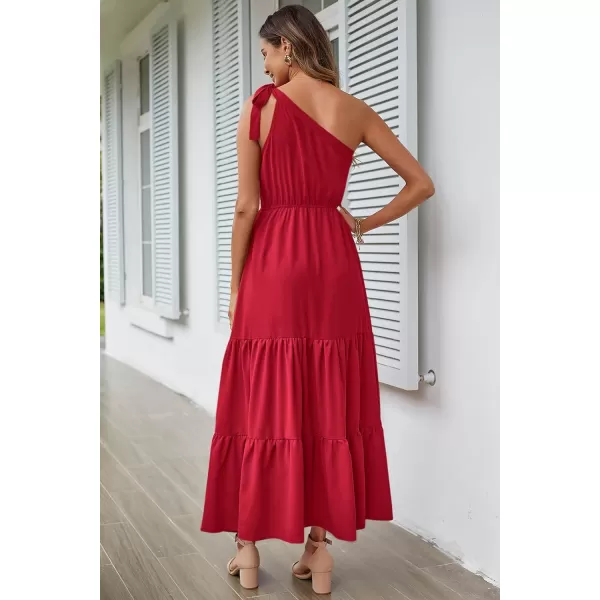 imagePRETTYGARDEN Womens Floral Maxi Dress 2023 Knot One Shoulder Sleeveless Ruffle Hem Flowy Boho DressesSolid Red
