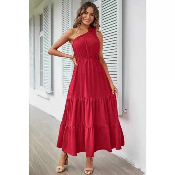 imagePRETTYGARDEN Womens Floral Maxi Dress 2023 Knot One Shoulder Sleeveless Ruffle Hem Flowy Boho DressesSolid Red