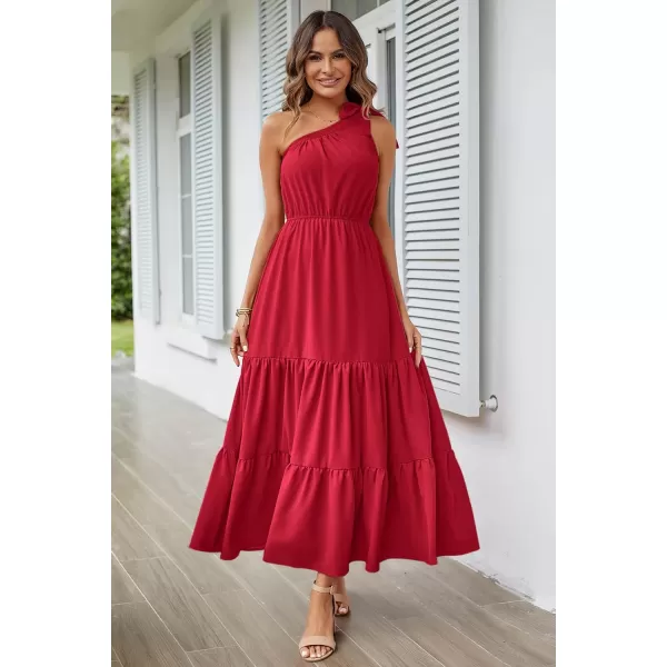 imagePRETTYGARDEN Womens Floral Maxi Dress 2023 Knot One Shoulder Sleeveless Ruffle Hem Flowy Boho DressesSolid Red