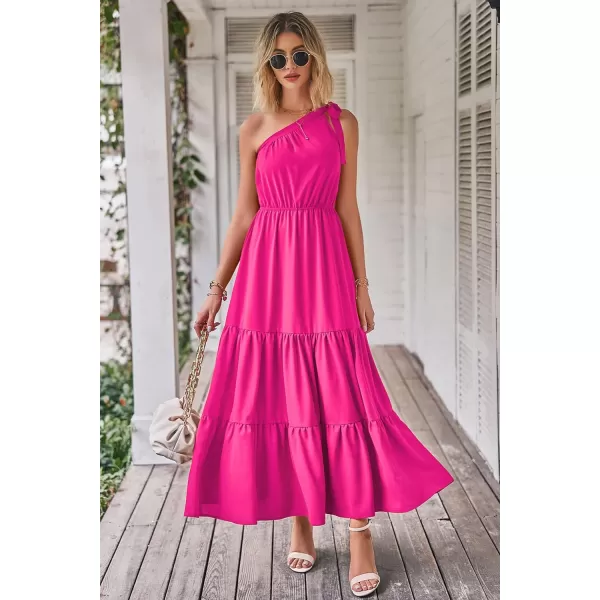 imagePRETTYGARDEN Womens Floral Maxi Dress 2023 Knot One Shoulder Sleeveless Ruffle Hem Flowy Boho DressesSolid Rose Red