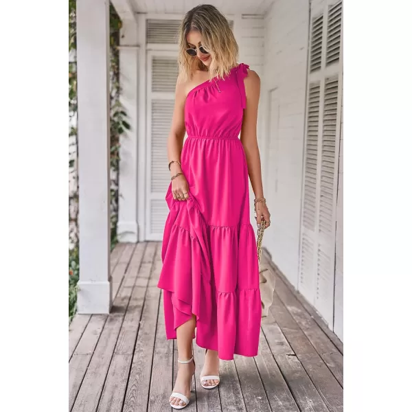 imagePRETTYGARDEN Womens Floral Maxi Dress 2023 Knot One Shoulder Sleeveless Ruffle Hem Flowy Boho DressesSolid Rose Red