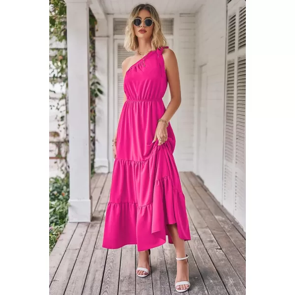 imagePRETTYGARDEN Womens Floral Maxi Dress 2023 Knot One Shoulder Sleeveless Ruffle Hem Flowy Boho DressesSolid Rose Red