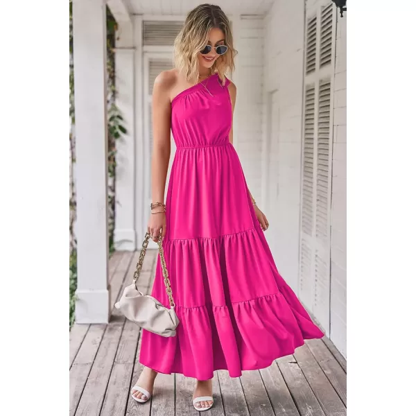 imagePRETTYGARDEN Womens Floral Maxi Dress 2023 Knot One Shoulder Sleeveless Ruffle Hem Flowy Boho DressesSolid Rose Red