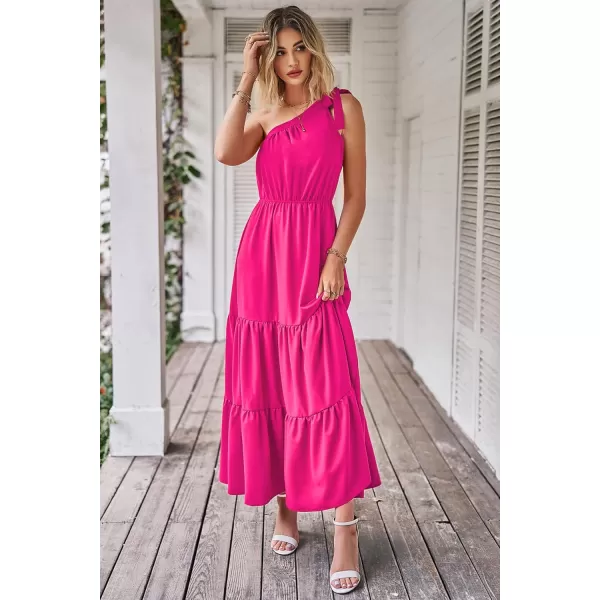 imagePRETTYGARDEN Womens Floral Maxi Dress 2023 Knot One Shoulder Sleeveless Ruffle Hem Flowy Boho DressesSolid Rose Red