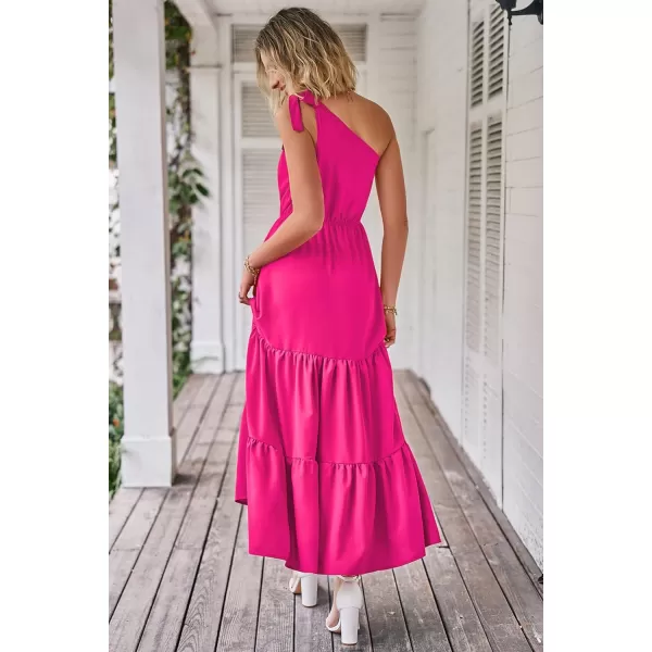 imagePRETTYGARDEN Womens Floral Maxi Dress 2023 Knot One Shoulder Sleeveless Ruffle Hem Flowy Boho DressesSolid Rose Red