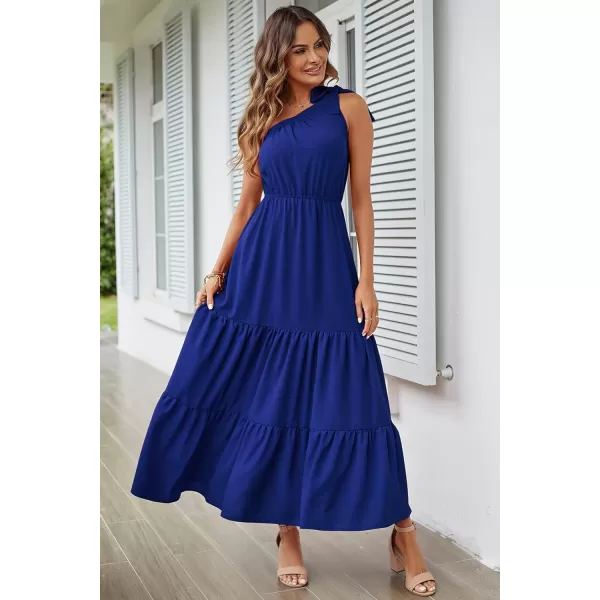 imagePRETTYGARDEN Womens Floral Maxi Dress 2023 Knot One Shoulder Sleeveless Ruffle Hem Flowy Boho DressesSolid Royal Blue
