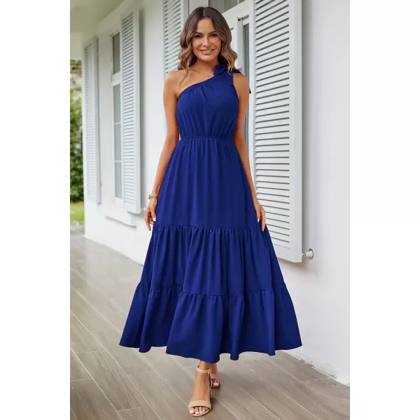 imagePRETTYGARDEN Womens Floral Maxi Dress 2023 Knot One Shoulder Sleeveless Ruffle Hem Flowy Boho DressesSolid Royal Blue