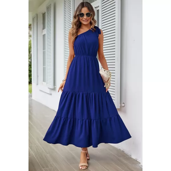 imagePRETTYGARDEN Womens Floral Maxi Dress 2023 Knot One Shoulder Sleeveless Ruffle Hem Flowy Boho DressesSolid Royal Blue