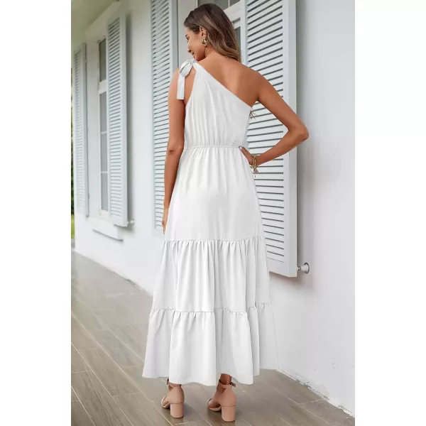 imagePRETTYGARDEN Womens Floral Maxi Dress 2023 Knot One Shoulder Sleeveless Ruffle Hem Flowy Boho DressesSolid White
