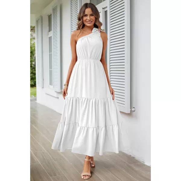 imagePRETTYGARDEN Womens Floral Maxi Dress 2023 Knot One Shoulder Sleeveless Ruffle Hem Flowy Boho DressesSolid White