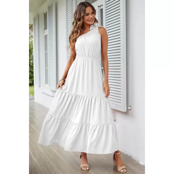 imagePRETTYGARDEN Womens Floral Maxi Dress 2023 Knot One Shoulder Sleeveless Ruffle Hem Flowy Boho DressesSolid White