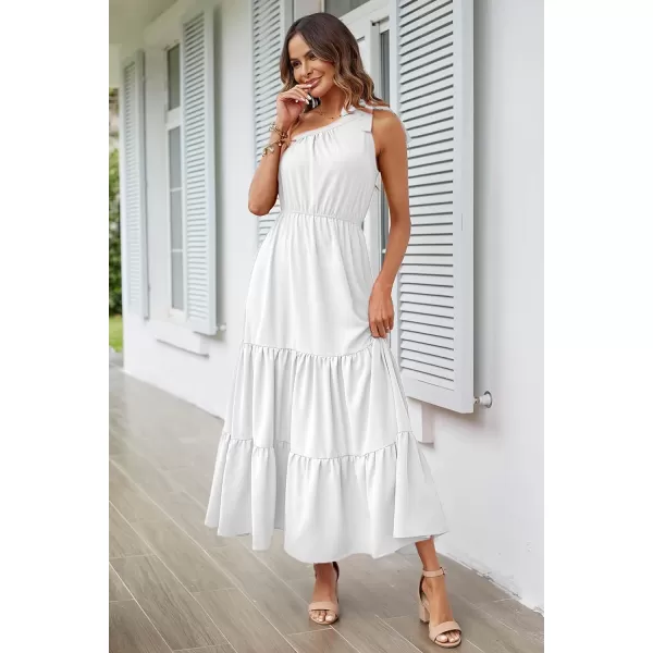 imagePRETTYGARDEN Womens Floral Maxi Dress 2023 Knot One Shoulder Sleeveless Ruffle Hem Flowy Boho DressesSolid White