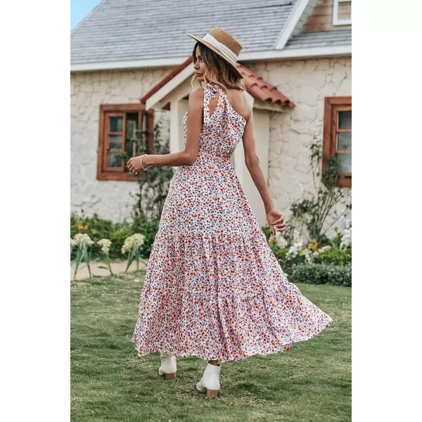 imagePRETTYGARDEN Womens Floral Maxi Dress 2023 Knot One Shoulder Sleeveless Ruffle Hem Flowy Boho DressesWhite Red
