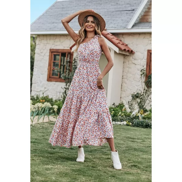 imagePRETTYGARDEN Womens Floral Maxi Dress 2023 Knot One Shoulder Sleeveless Ruffle Hem Flowy Boho DressesWhite Red