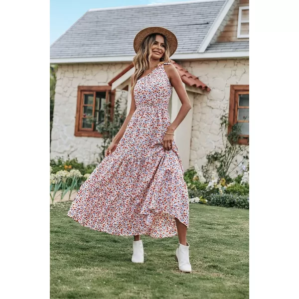 imagePRETTYGARDEN Womens Floral Maxi Dress 2023 Knot One Shoulder Sleeveless Ruffle Hem Flowy Boho DressesWhite Red