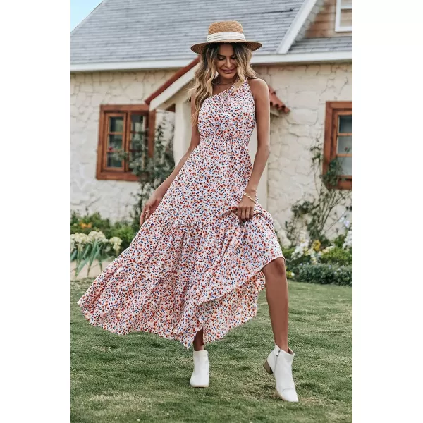 imagePRETTYGARDEN Womens Floral Maxi Dress 2023 Knot One Shoulder Sleeveless Ruffle Hem Flowy Boho DressesWhite Red