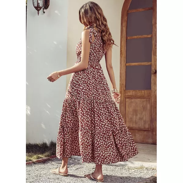 imagePRETTYGARDEN Womens Floral Maxi Dress 2023 Knot One Shoulder Sleeveless Ruffle Hem Flowy Boho DressesWine Red