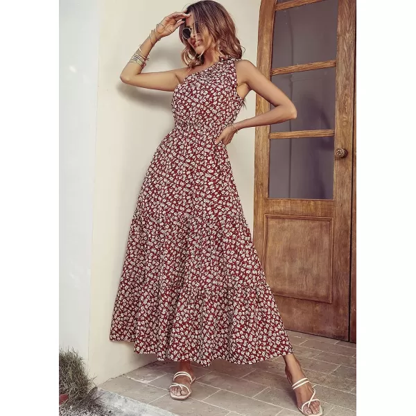 imagePRETTYGARDEN Womens Floral Maxi Dress 2023 Knot One Shoulder Sleeveless Ruffle Hem Flowy Boho DressesWine Red