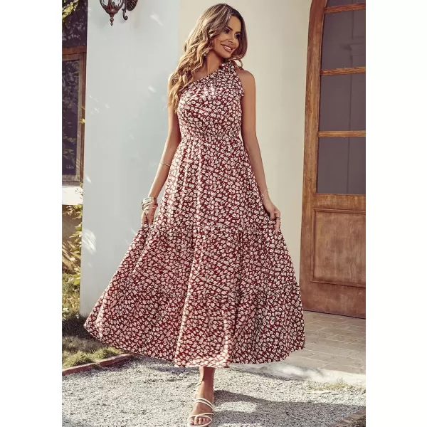 imagePRETTYGARDEN Womens Floral Maxi Dress 2023 Knot One Shoulder Sleeveless Ruffle Hem Flowy Boho DressesWine Red