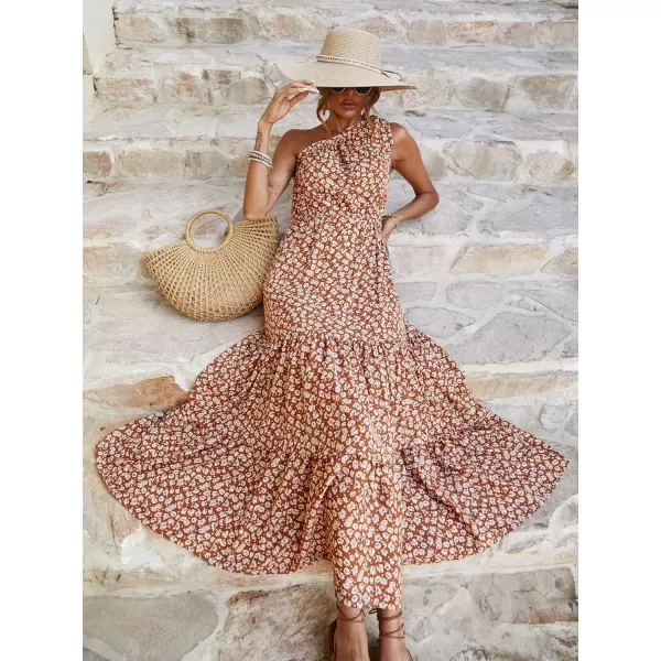 imagePRETTYGARDEN Womens Floral Maxi Dress 2023 Knot One Shoulder Sleeveless Ruffle Hem Flowy Boho DressesYellow White