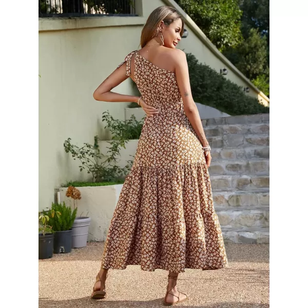 imagePRETTYGARDEN Womens Floral Maxi Dress 2023 Knot One Shoulder Sleeveless Ruffle Hem Flowy Boho DressesYellow White