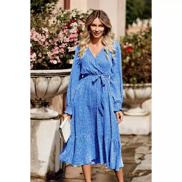 imagePRETTYGARDEN Womens Floral Print Boho Dress Long Sleeve Wrap V Neck Ruffle Belted ALine Flowy Maxi DressesBblue