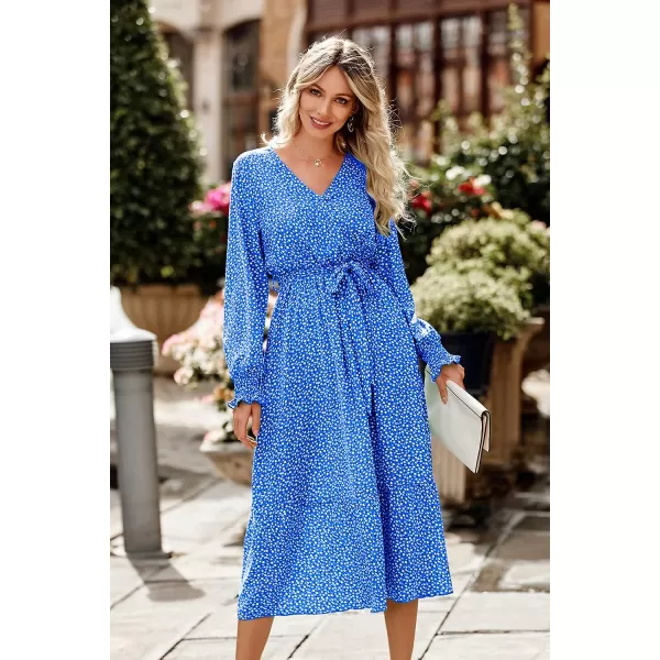imagePRETTYGARDEN Womens Floral Print Boho Dress Long Sleeve Wrap V Neck Ruffle Belted ALine Flowy Maxi DressesBblue