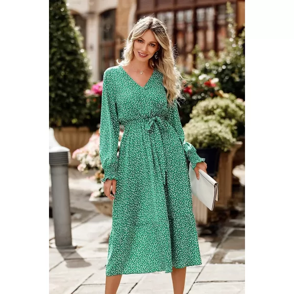 imagePRETTYGARDEN Womens Floral Print Boho Dress Long Sleeve Wrap V Neck Ruffle Belted ALine Flowy Maxi DressesBgreen